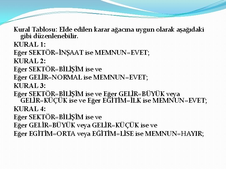 Kural Tablosu: Elde edilen karar ağacına uygun olarak aşağıdaki gibi düzenlenebilir. KURAL 1: Eğer