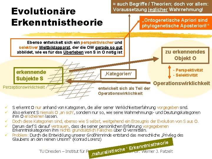 Evolutionäre Erkenntnistheorie ≈ auch Begriffe / Theorien; doch vor allem: Voraussetzung jeglicher Wahrnehmung! „Ontogenetische