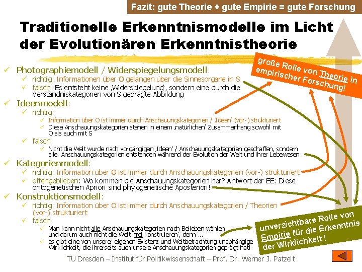 Fazit: gute Theorie + gute Empirie = gute Forschung Traditionelle Erkenntnismodelle im Licht der