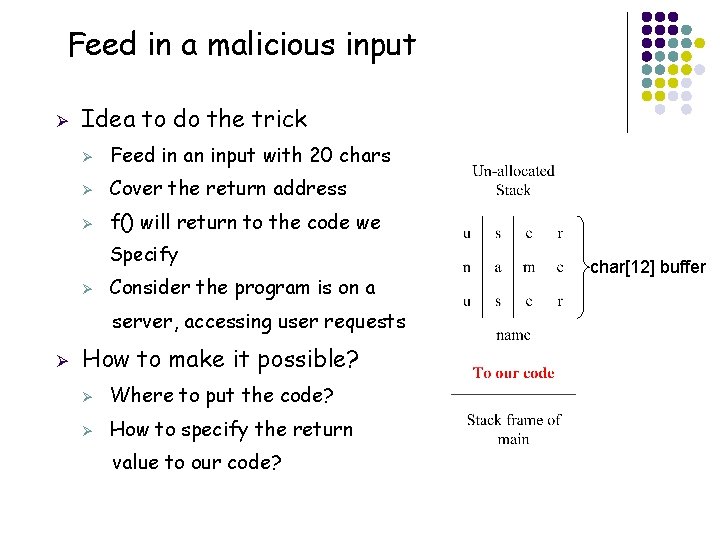 Feed in a malicious input Ø Idea to do the trick Ø Feed in