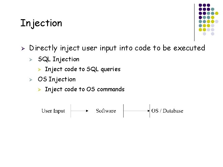 Injection Ø Directly inject user input into code to be executed Ø SQL Injection