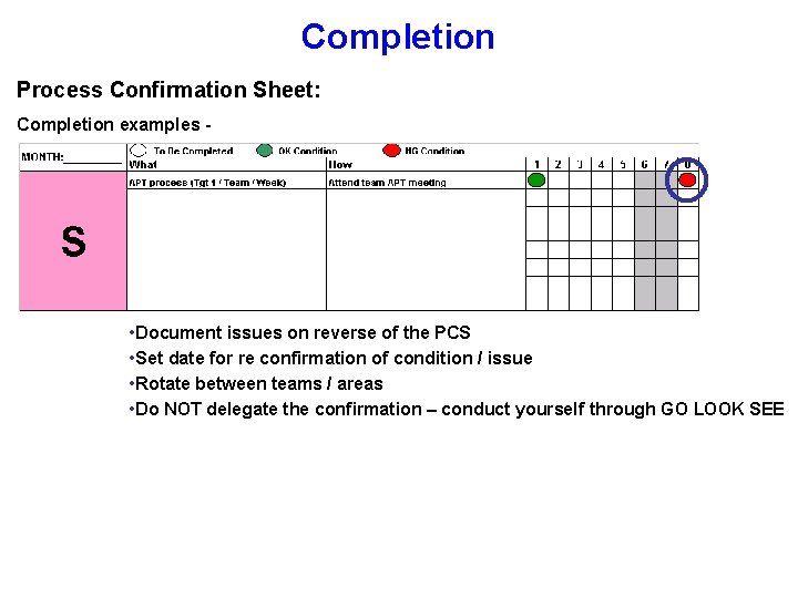 Completion Process Confirmation Sheet: Completion examples - • Document issues on reverse of the