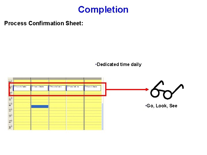 Completion Process Confirmation Sheet: • Dedicated time daily • Go, Look, See 