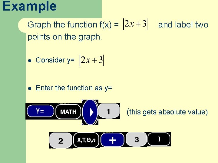 Example Graph the function f(x) = points on the graph. l Consider y= l