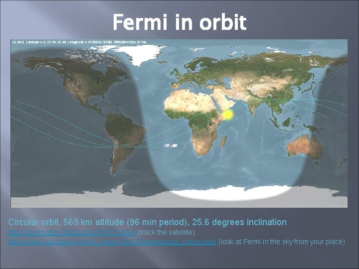 Fermi in orbit Circular orbit, 565 km altitude (96 min period), 25. 6 degrees