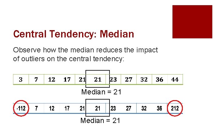 Central Tendency: Median Observe how the median reduces the impact of outliers on the