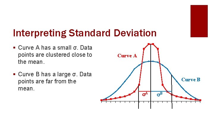 Interpreting Standard Deviation § Curve A has a small σ. Data points are clustered