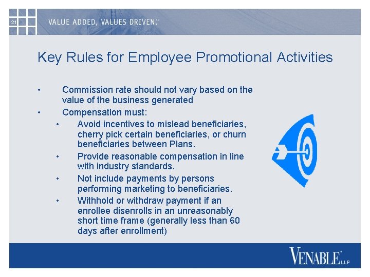 21 Key Rules for Employee Promotional Activities • • • Commission rate should not