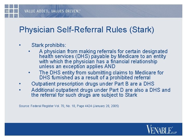 33 Physician Self-Referral Rules (Stark) • • • Stark prohibits: • A physician from