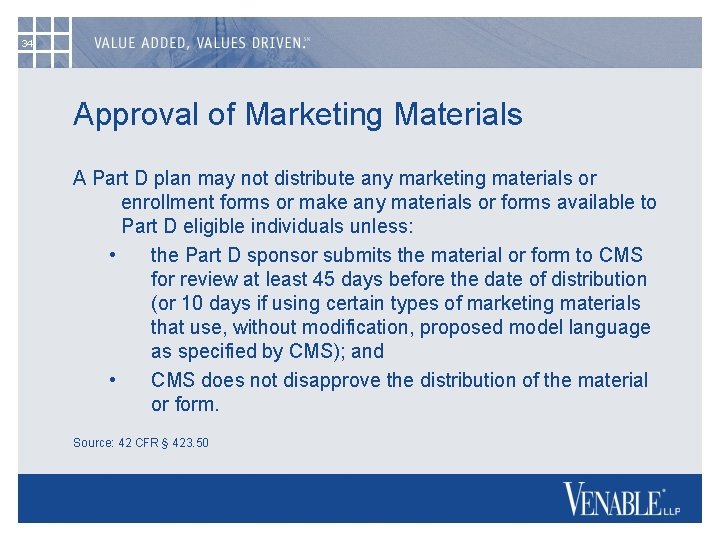 34 Approval of Marketing Materials A Part D plan may not distribute any marketing