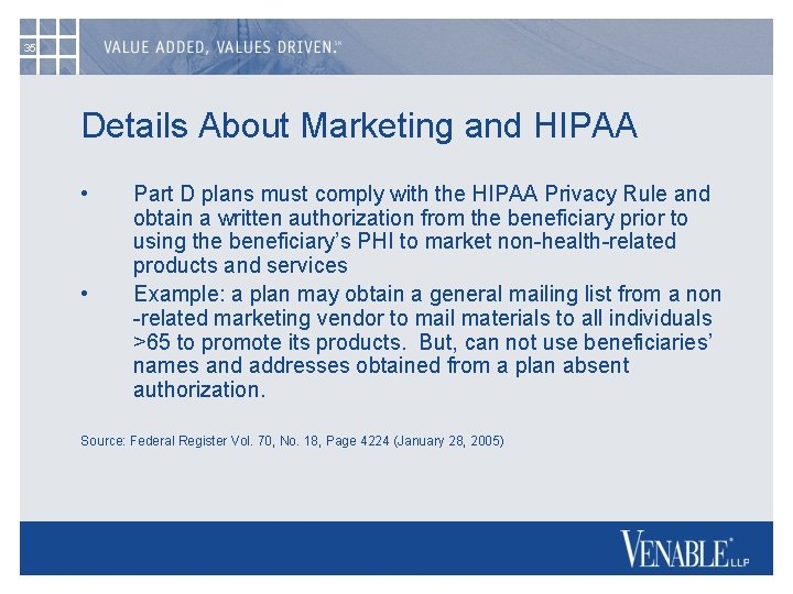 35 Details About Marketing and HIPAA • • Part D plans must comply with