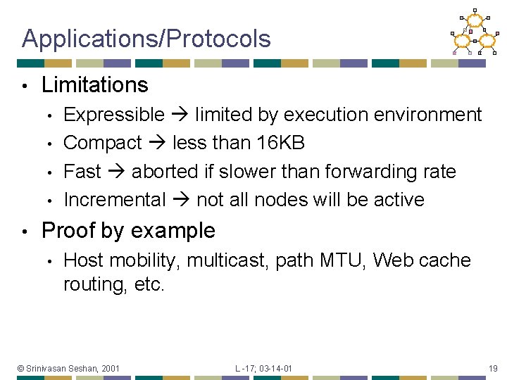 Applications/Protocols • Limitations • • • Expressible limited by execution environment Compact less than