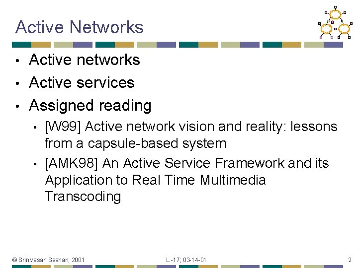 Active Networks Active networks • Active services • Assigned reading • • • [W