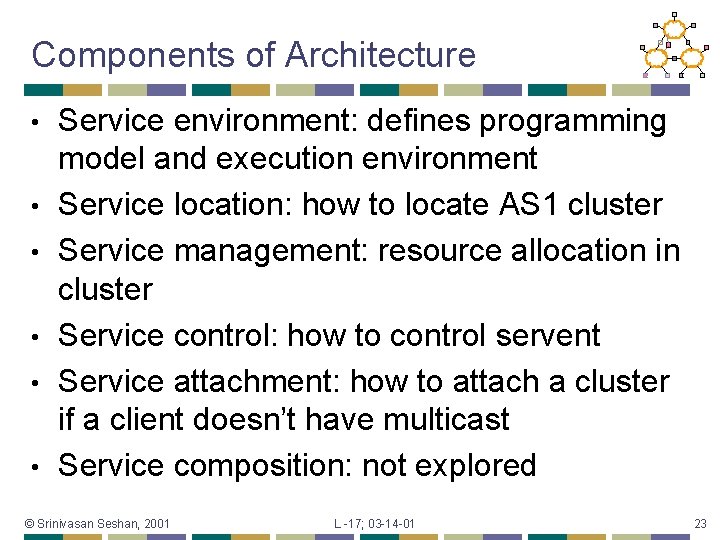 Components of Architecture • • • Service environment: defines programming model and execution environment