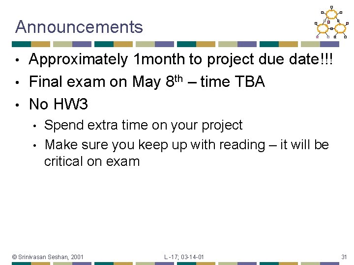 Announcements Approximately 1 month to project due date!!! • Final exam on May 8