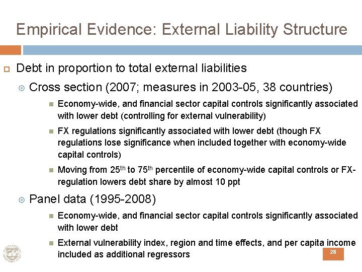 Empirical Evidence: External Liability Structure Debt in proportion to total external liabilities Cross section