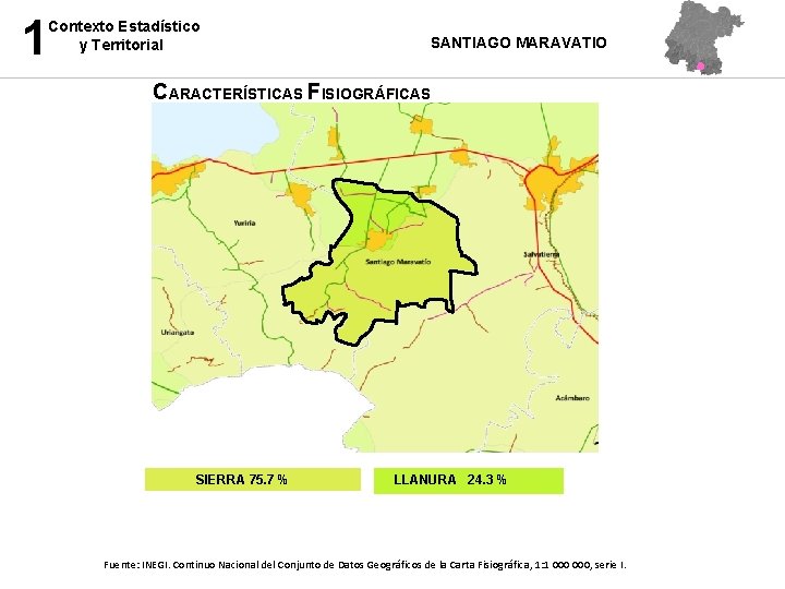 1 Contexto Estadístico y Territorial SANTIAGO MARAVATIO CARACTERÍSTICAS FISIOGRÁFICAS SIERRA 75. 7 % LLANURA