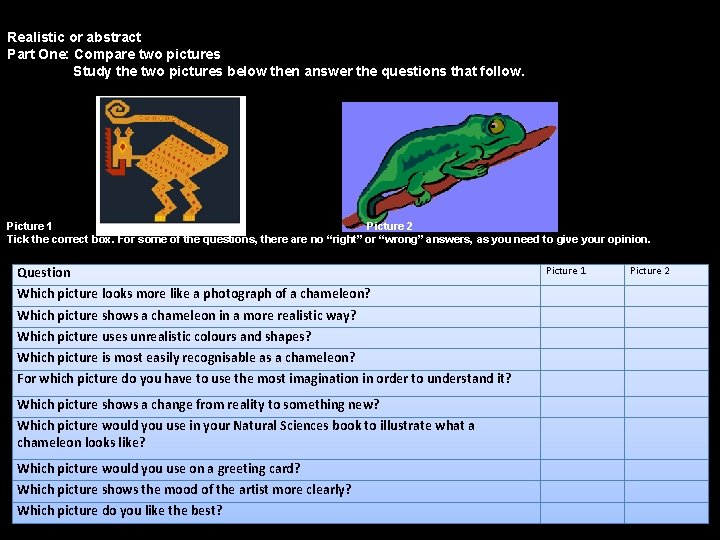 Realistic or abstract Part One: Compare two pictures Study the two pictures below then