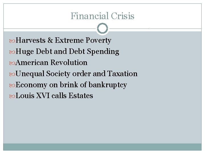 Financial Crisis Harvests & Extreme Poverty Huge Debt and Debt Spending American Revolution Unequal