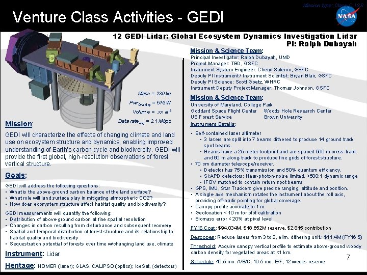 Mission type: Class C, ISS Venture Class Activities - GEDI 12 GEDI Lidar: Global