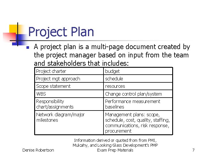 Project Plan n A project plan is a multi-page document created by the project