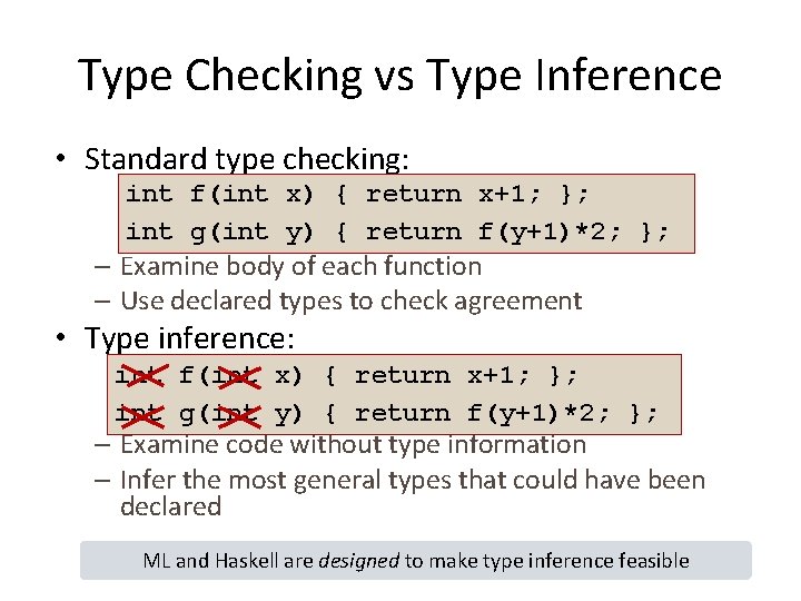 Type Checking vs Type Inference • Standard type checking: int f(int x) { return