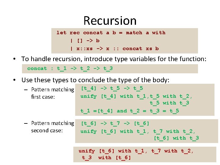 Recursion let rec concat a b = match a with | [] -> b