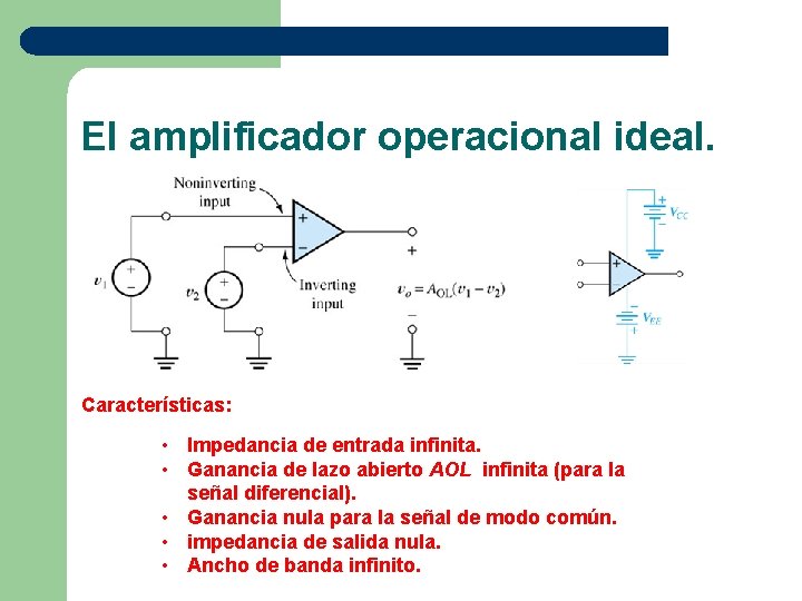 El amplificador operacional ideal. Características: • Impedancia de entrada infinita. • Ganancia de lazo