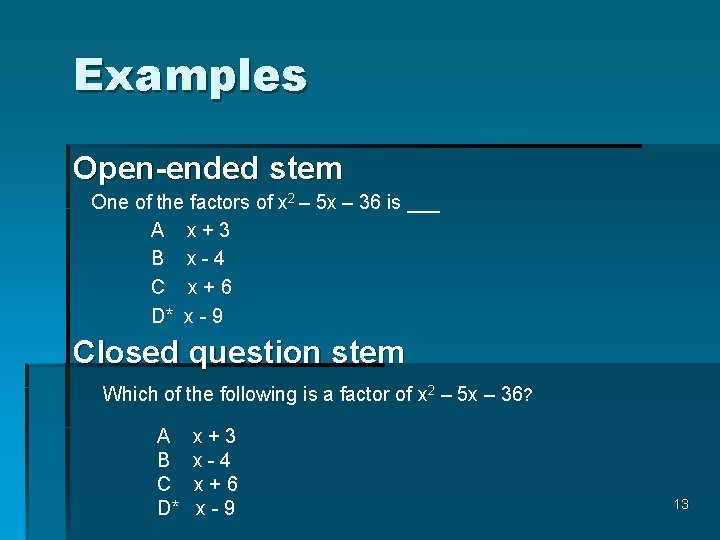 Examples Open-ended stem One of the factors of x 2 – 5 x –