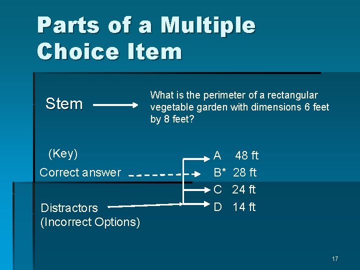 Parts of a Multiple Choice Item Stem (Key) Correct answer Distractors (Incorrect Options) What
