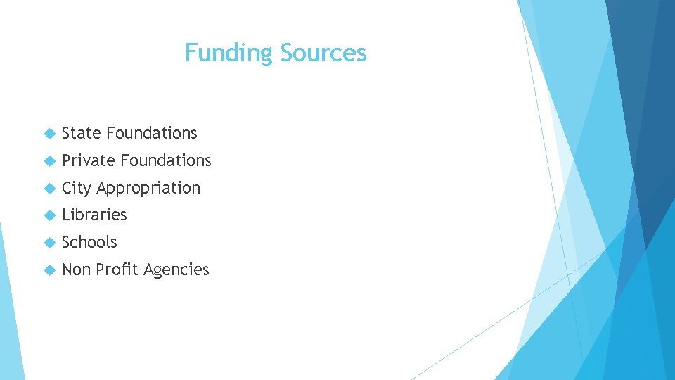 Funding Sources State Foundations Private Foundations City Appropriation Libraries Schools Non Profit Agencies 