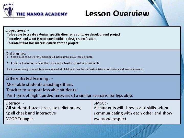 Lesson Overview Objectives: - To be able to create a design specification for a