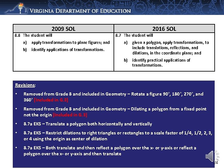 2009 SOL 8. 8 The student will a) apply transformations to plane figures; and