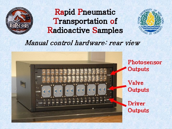 Rapid Pneumatic Transportation of Radioactive Samples Manual control hardware: rear view Photosensor Outputs Valve