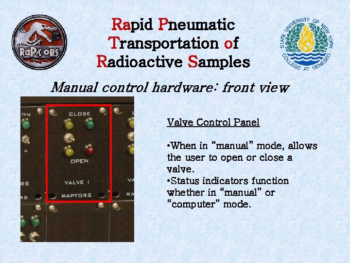 Rapid Pneumatic Transportation of Radioactive Samples Manual control hardware: front view Valve Control Panel