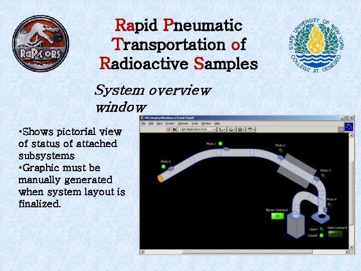 Rapid Pneumatic Transportation of Radioactive Samples System overview window • Shows pictorial view of