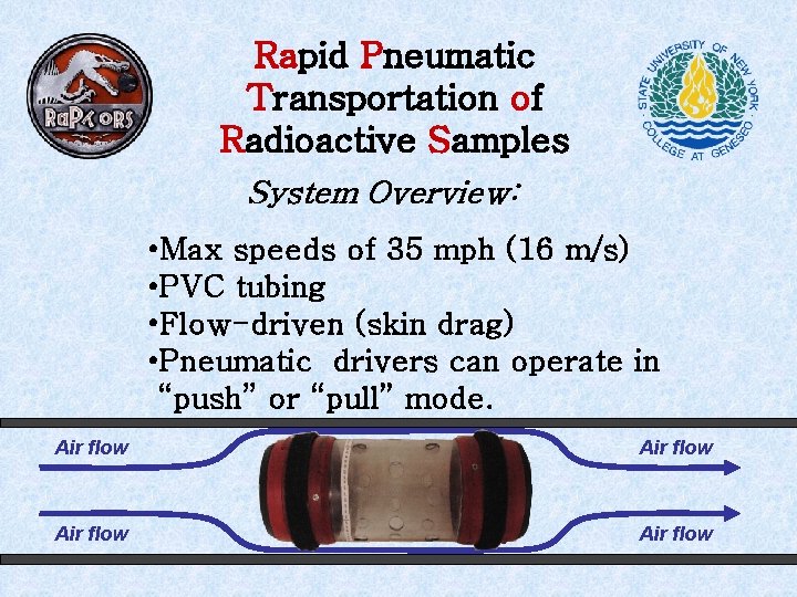 Rapid Pneumatic Transportation of Radioactive Samples System Overview: • Max speeds of 35 mph