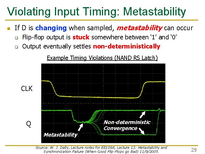 Violating Input Timing: Metastability n If D is changing when sampled, metastability can occur