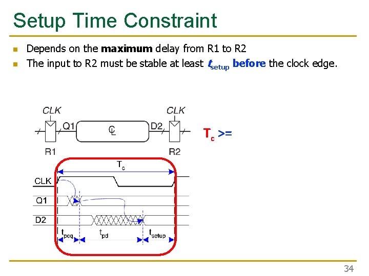 Setup Time Constraint n n Depends on the maximum delay from R 1 to