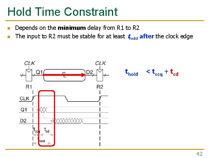 Hold Time Constraint n n Depends on the minimum delay from R 1 to