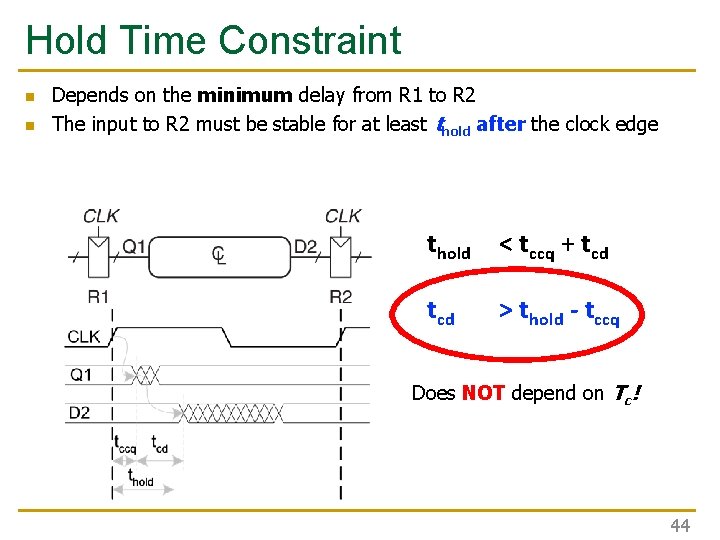 Hold Time Constraint n n Depends on the minimum delay from R 1 to