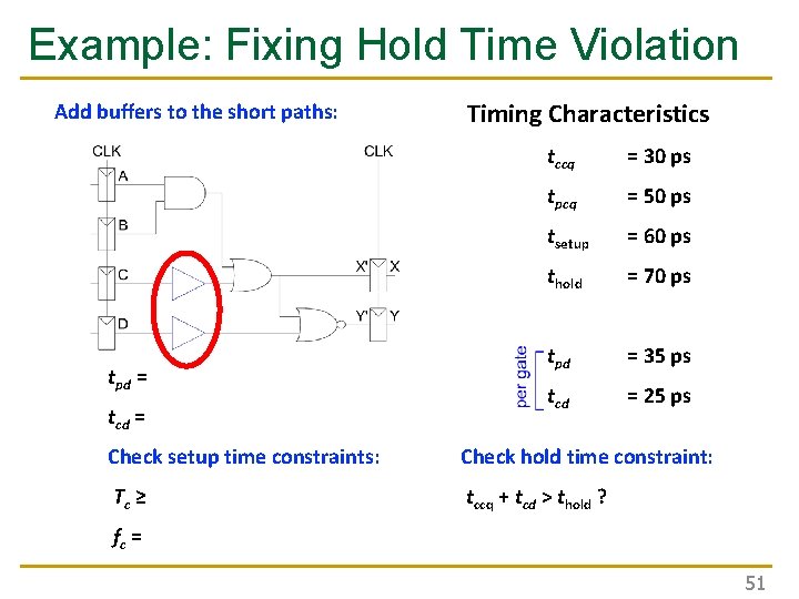 Example: Fixing Hold Time Violation Add buffers to the short paths: tpd = tcd
