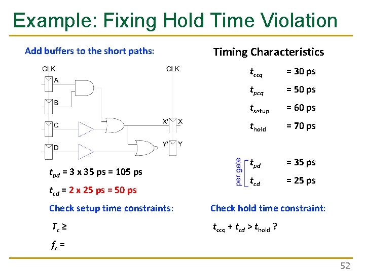 Example: Fixing Hold Time Violation Add buffers to the short paths: tpd = 3