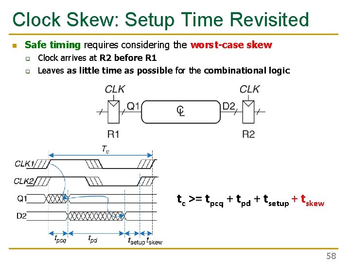 Clock Skew: Setup Time Revisited n Safe timing requires considering the worst-case skew q