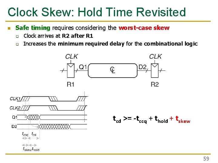 Clock Skew: Hold Time Revisited n Safe timing requires considering the worst-case skew q