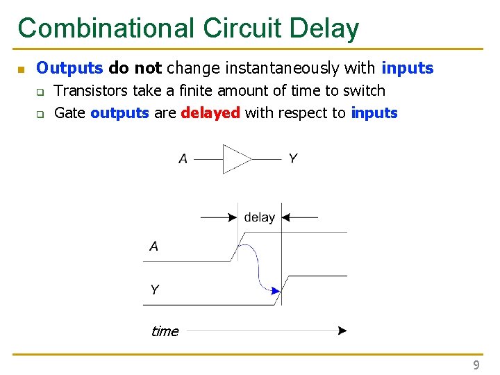 Combinational Circuit Delay n Outputs do not change instantaneously with inputs q q Transistors