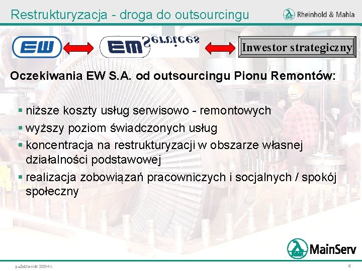 Restrukturyzacja - droga do outsourcingu Inwestor strategiczny Oczekiwania EW S. A. od outsourcingu Pionu