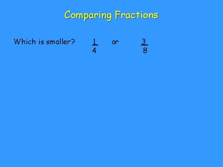 Comparing Fractions Which is smaller? 1 4 or 3 8 