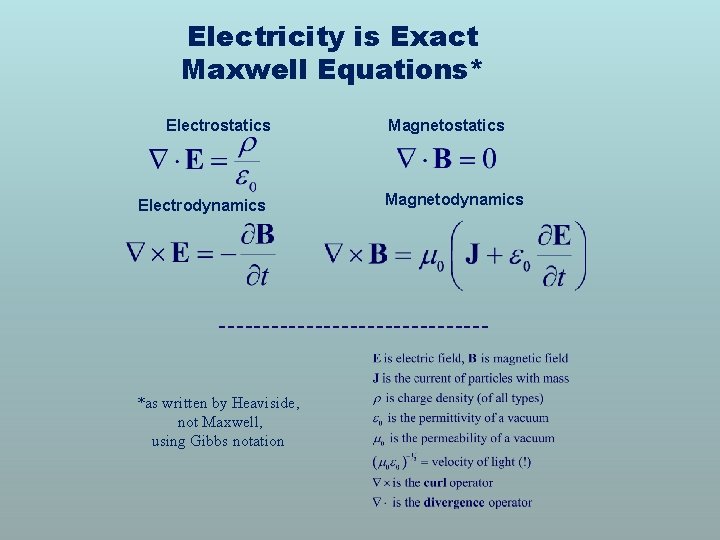 Electricity is Exact Maxwell Equations* Electrostatics Electrodynamics *as written by Heaviside, not Maxwell, using