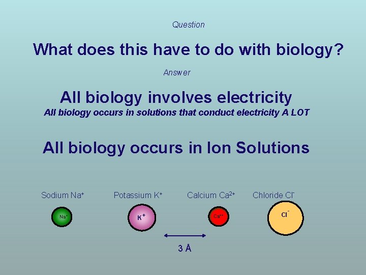 Question What does this have to do with biology? Answer All biology involves electricity